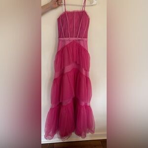Hot Pink Long Maxi Tulle Tiered Dress with Satin